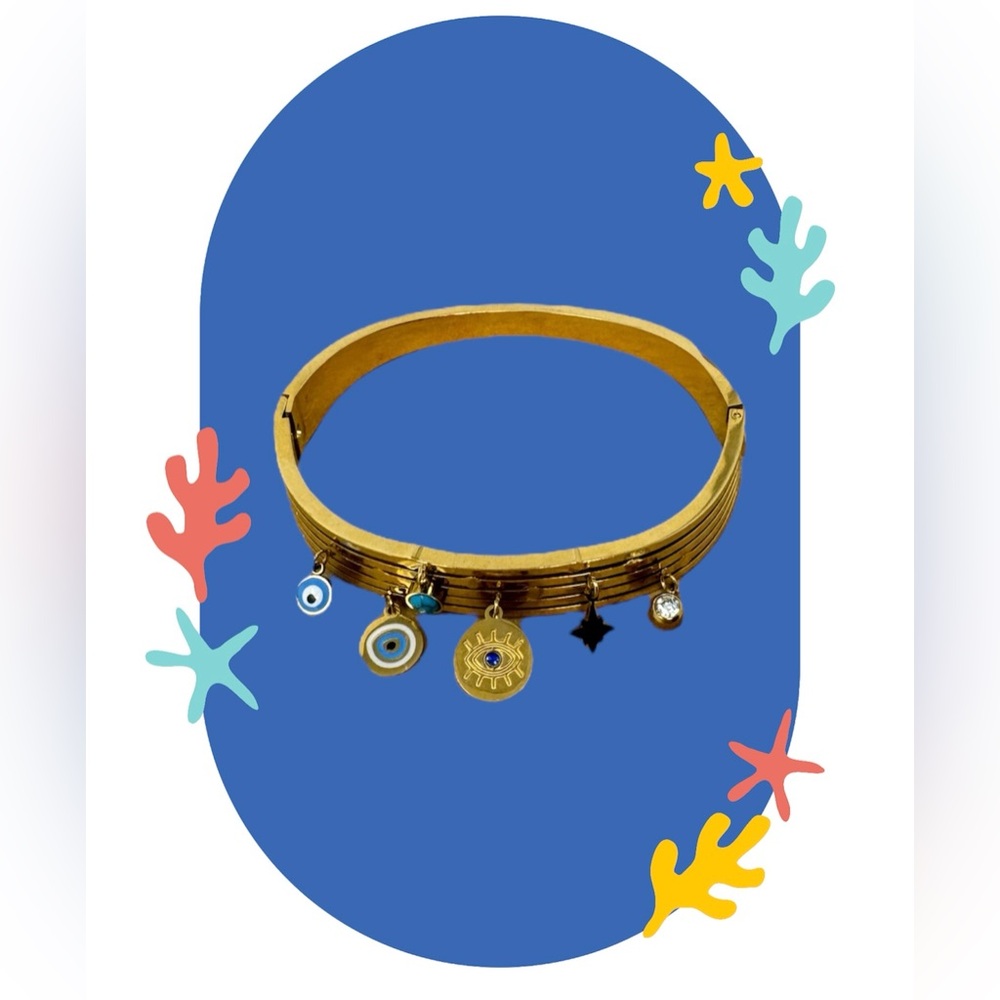 🛍️SALE🛍️ Stainless Steel Gold Color Plated Turkish Evil Eye Charms Bangle - Picture 7 of 7